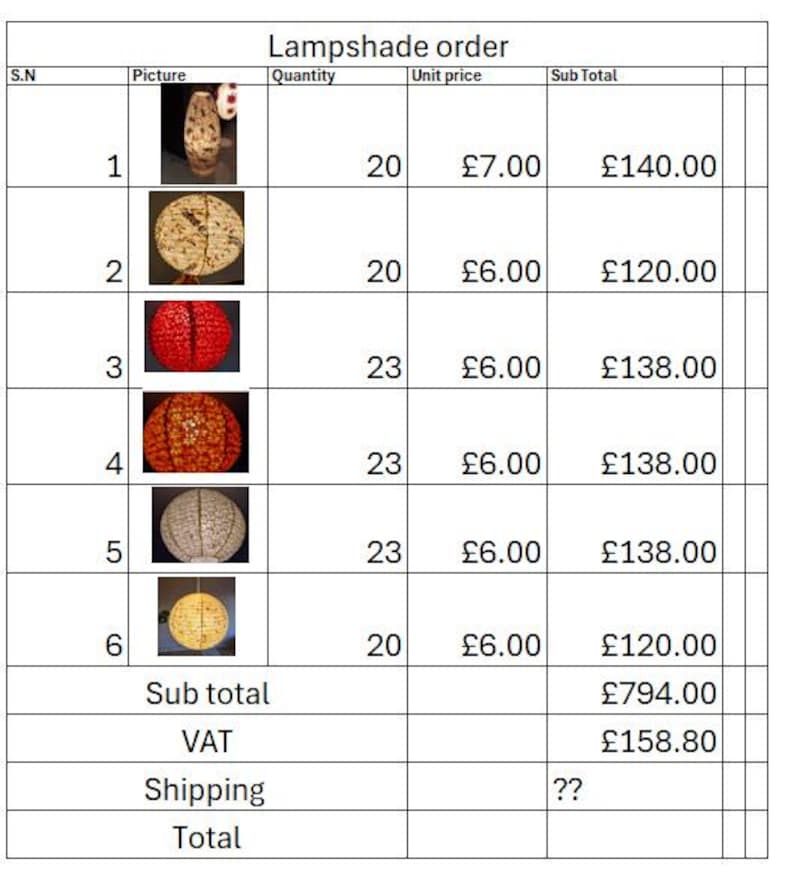 May include: A table displaying a lampshade order. The table includes columns for S.N, Picture, Quantity, Unit price, and Sub Total. Various lampshade designs are shown, with quantities and prices listed. The total cost is displayed.