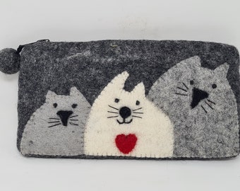 Pencil case, handmade Pen case- Purse, organising Pouch - Dark Grey Cats