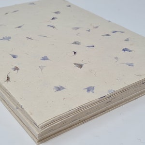 May include: A stack of cream-colored paper with small, pressed purple flowers embedded throughout. The paper is slightly textured and has a natural, handmade look.
