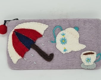 Felt Pencil case, handmade Pen case, makeup bag, organiser bag, cable tidy pouch with Zipper Storage, Stationary bag- Umbrella with Tea cup