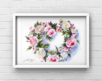 Original watercolor pink roses painting,  heart shaped roses wreath, 12X16 inches