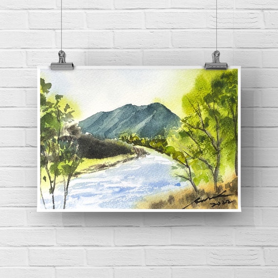 Printed watercolor, postcard, country house watercolor, landscape  illustration, mountain illustration card