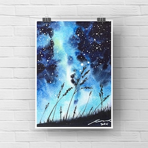 Original Watercolor Starry Night Galaxy Painting: 5x7 Hand-Painted Landscape