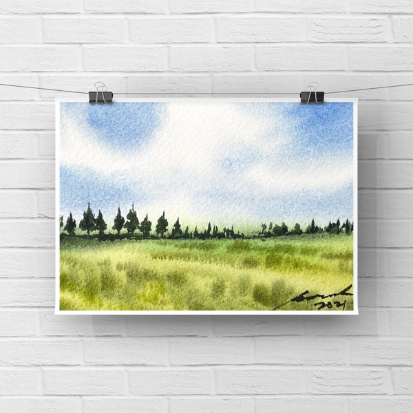 Original watercolor landscape painting , 4x6 inches postcard with white edges