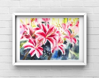 Original watercolor flowers, pink lilies, watercolor painting, 12x16 inches