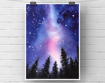 Watercolor starry night and galaxy, Original watercolor landscape painting , 4x6 hand painted postcard with white edge