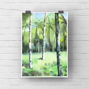 Original watercolor painting, birch trees forest, 5x7  inches