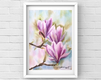 Original purple magnolia flowers watercolor painting, 8x10 inches