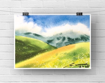 Watercolor mountains and hills, Original watercolor landscape painting , 5x7 hand painted postcard with white edges