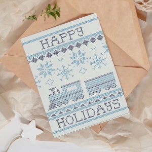 Tarjeta de felicitación impresa con letras "Happy Holiday Ugly Sweater Train", interior en blanco, tarjeta individual o juego de 6