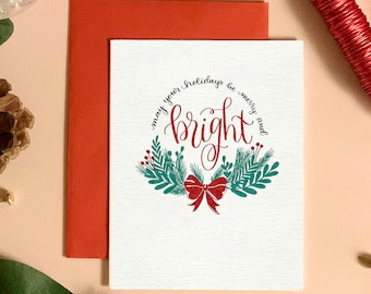 Letterpress Holiday Card, Merry & Bright Holiday Wreath, Christmas Card, Single or Box Sets Available