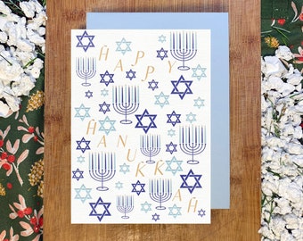 Hanukkah Pattern Letterpress Greeting Card, Star of David and Menorah Pattern, Happy Hanukkah, Blank Interior, Includes Blue Envelope