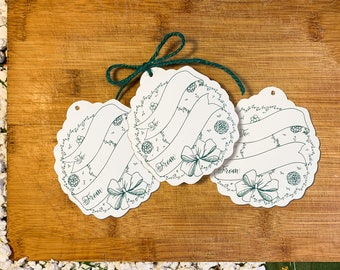 Letterpress Gift Tags - Set of 8, Christmas Wreath, Printed on Cotton Paper,  Green Twine Included