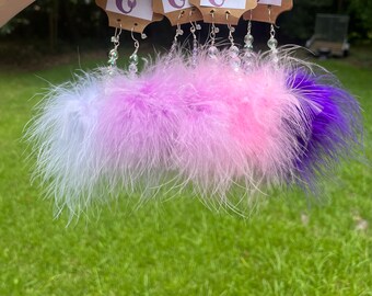 Light Marabou Feather Poof Balls w/ Beads Sterling Silver Earrings