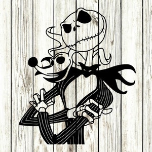 Pode incluir: Ilustração em preto e branco de Jack Skellington de O Estranho Mundo de Jack, com os braços em volta de Sally, que está vestindo um vestido listrado.