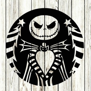 May include: Black and white silhouette of Jack Skellington, the Pumpkin King from The Nightmare Before Christmas, with a striped background.