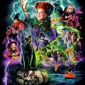 Puede incluir: Una ilustración colorida con personajes de la película Hocus Pocus. La imagen incluye a Winifred Sanderson, Mary Sanderson, Sarah Sanderson, Billy Butcherson y Thackery Binx. La imagen está sobre un fondo oscuro con iluminación verde y morada.