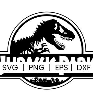Puede incluir: Logotipo en blanco y negro de Jurassic Park con la silueta de un dinosaurio dentro de un emblema circular. El texto "JURASSIC PARK" se muestra debajo, con indicadores de tipo de archivo: SVG, PNG, EPS y DXF.