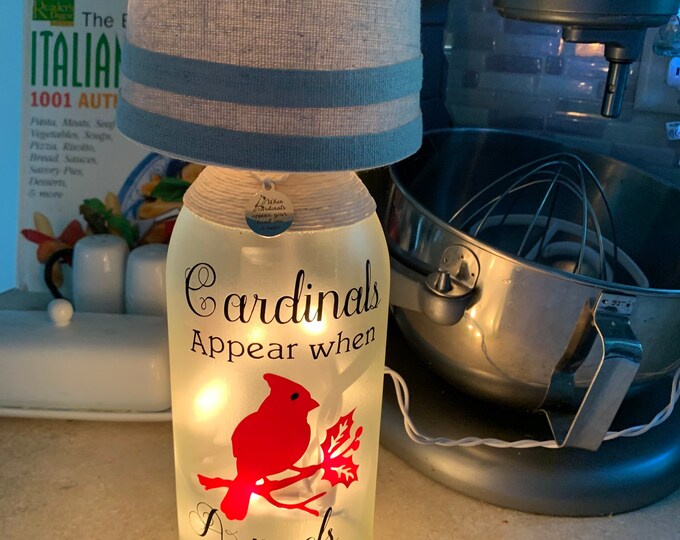 Handmade Lighted Wine Bottle Lamp: Cardinals & Angels Decor