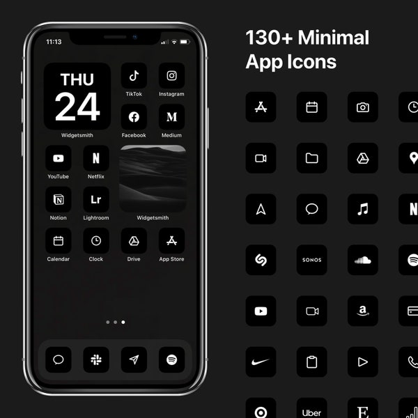 iOS 16 Minimal Icons, Black Minimalist Icon Pack, iPhone Modern Icon Bundle, 130+ Icons