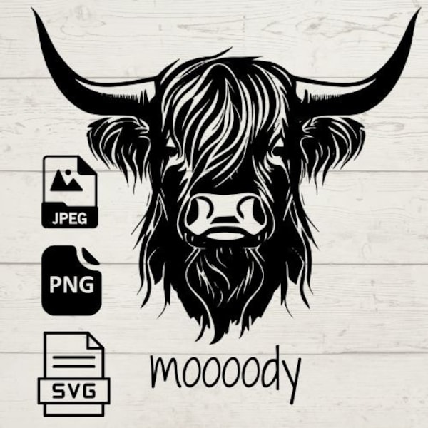 Moody Highland Cow Digital Download , JPG, PNG, SVG