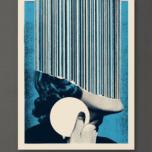 May include: A blue and white striped pattern covers the top half of a woman's face, leaving only her chin and neck visible. She is holding a white circle in her hand. The background is a solid blue.