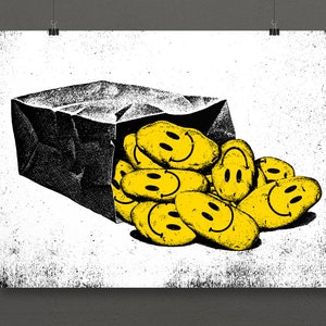 May include: A brown paper bag overflowing with yellow smiley face stickers. The bag is on a white background with black speckles.