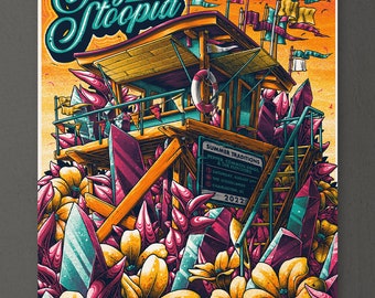 May include: A colourful poster advertising a summer music festival called "Summer Traditions" featuring the bands Pepper, Common Kings, and The Flovatens. The poster features a lifeguard tower surrounded by colourful crystals and flowers. The festival will take place on Saturday, 6th August at The Woodlands in Charleston, South Carolina.