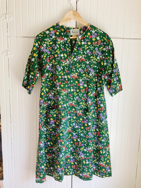 vintage green floral front zip dress