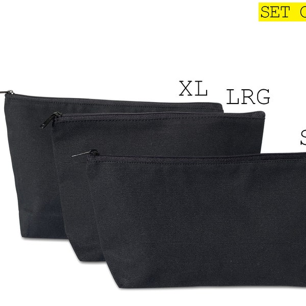 Set of 3 - Black Zipper pouch 100% Cotton canvas| blank bulk | DIY arts & crafts | cosmetic | travel | wedding favors | monogram gift ideas