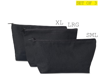 Set of 3 - Black Zipper pouch 100% Cotton canvas| blank bulk | DIY arts & crafts | cosmetic | travel | wedding favors | monogram gift ideas