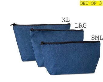 Set of 3 - Blue Zipper pouch 100% Cotton canvas| blank bulk | DIY arts & crafts | cosmetic | travel | wedding favors | monogram gift ideas