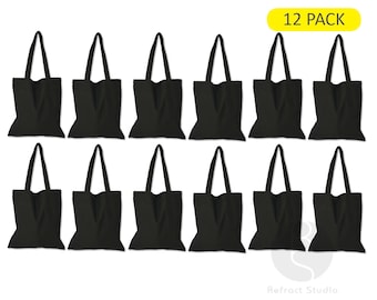 12 Pack - Black Tote Bag - 100% Cotton | blank Bulk | reusable | DIY arts & crafts | groceries | wedding favors | branding | school