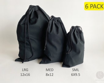 6 Pack - Black Drawstring bag - 100% cotton 6oz fabric | blank DIY arts & crafts | wedding | groceries | travel |  branding promo | school