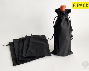6 Pack- Black Wine Bag - 100% Cotton 6oz fabric | blank DIY arts & crafts | promotional | travel | wedding favors | branding print | school