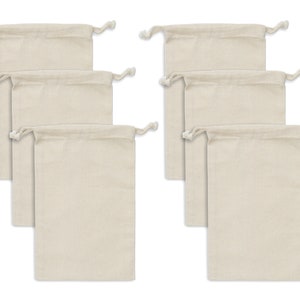 May include: Set of six natural cotton drawstring bags. The bags are empty and have a light beige color.