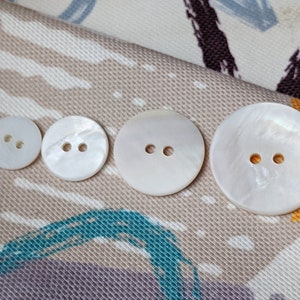 May include: Four white mother-of-pearl buttons with two holes each. The buttons are arranged in a row from smallest to largest.