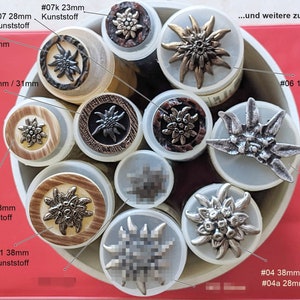 Great selection - traditional buttons with edelweiss from 18 mm to 48 mm