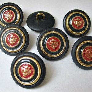 Può includere: Sei bottoni in plastica nera con un bordo dorato e uno stemma rosso e dorato al centro. I bottoni hanno un anello verde attorno allo stemma.