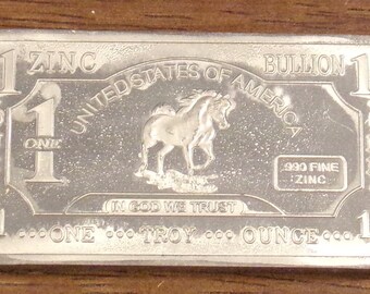 One Troy Ounce .999 Fine Zinc Bullion Stallion Bar