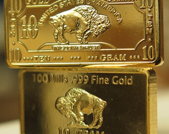 1 gram 1g USA American Buffalo 100 Mills .999 Fine Gold Plated Bar