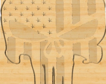 May include: A wooden cutout of a skull with the American flag design. The skull is outlined in black and the flag is in shades of brown.