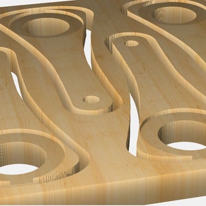 Könnte beinhalten: Nahaufnahme eines Holzdesigns mit sich wiederholenden Formen. Das Design zeigt eine Reihe von miteinander verbundenen, gebogenen Elementen mit kreisförmigen und länglichen Aussparungen. Das Holz hat eine hellbraune Farbe und sichtbare Maserung.