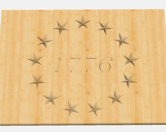 May include: A wooden plaque with a circle of 13 stars carved around the number 1776.