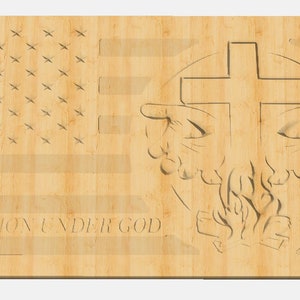 May include: A wooden sign with an American flag design and the words "One Nation Under God" carved into the wood. The sign also features a carved image of a cross with hands reaching out from the sides.