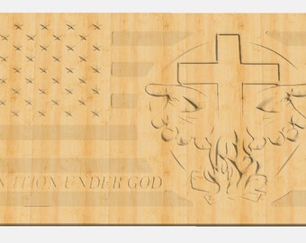May include: A wooden sign with an American flag design and the words "One Nation Under God" carved into the wood. The sign also features a carved image of a cross with hands reaching out from the sides.