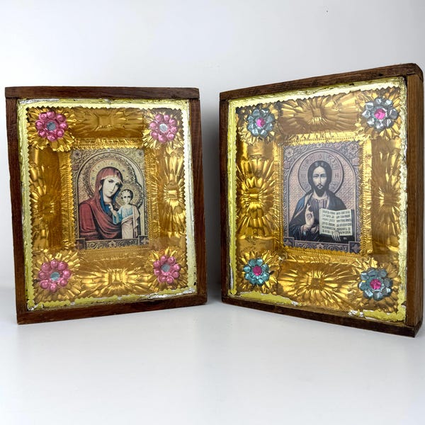 Conjunto de iconos de pareja de bodas ortodoxas vintage: Madre de Dios y Cristo, regalo de bendición matrimonial religiosa ucraniana, bendición familiar