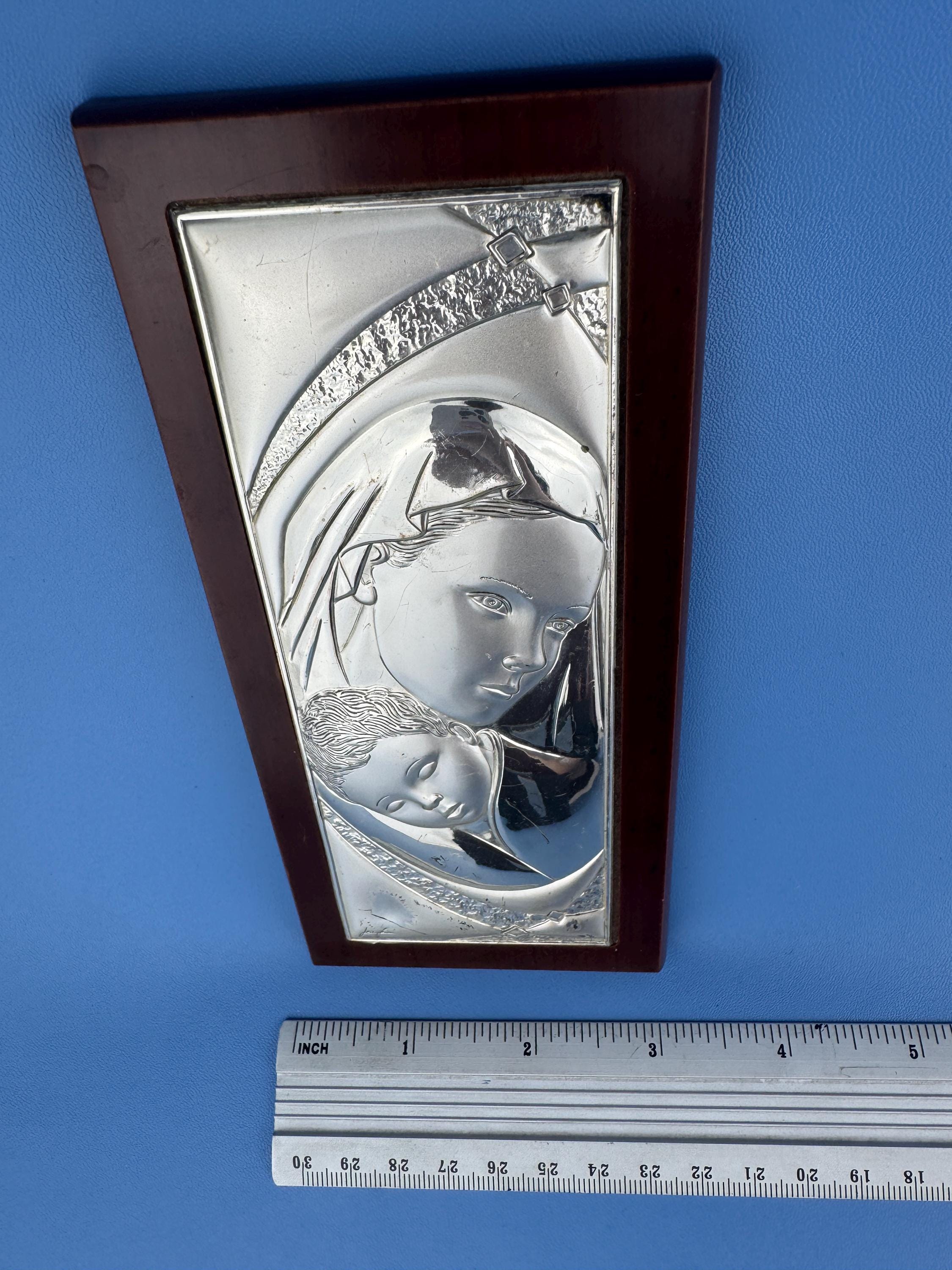 Mini Madonna and Child Icon • 8x5 Cm Oval Silver Plaque • Wood ...