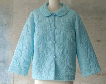 Vintage Bullock's Wilshire Bed Jacket | Pastel Blue Quilted Collared Jacket | Made in Hong Kong |