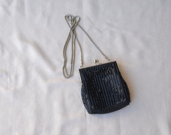 Black Beaded Small Purse Handbag | Beaded Purse with Chain | Made in Hong Kong |